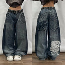 Womens Hip Hop Graphic Vintage High Waist Wide-leg Pants